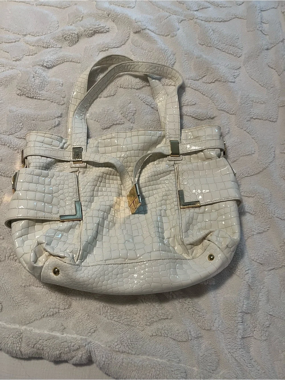 Michael Kors White Croc-Embossed Patent Shoulder Bag with Gold Hardware